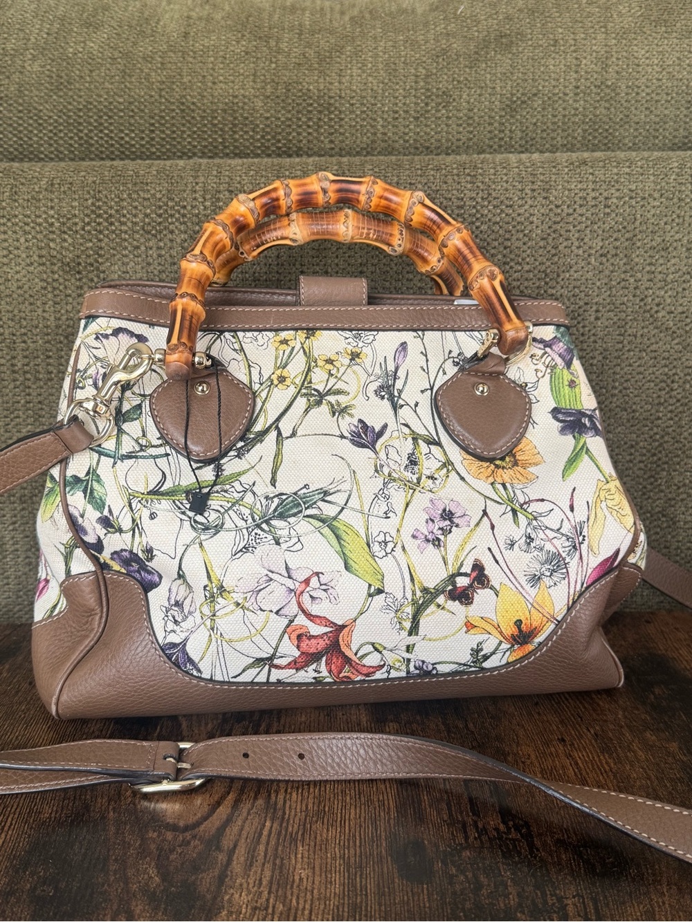 Gucci Floral Canvas Satchel with Bamboo Handles - Brown